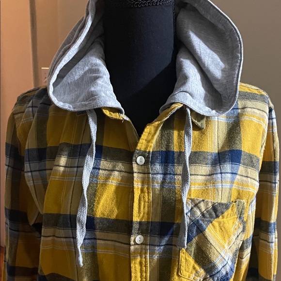 Cotton On Mustard and Navy Plaid Hooded Shirt Jacket - Picture 3 of 5